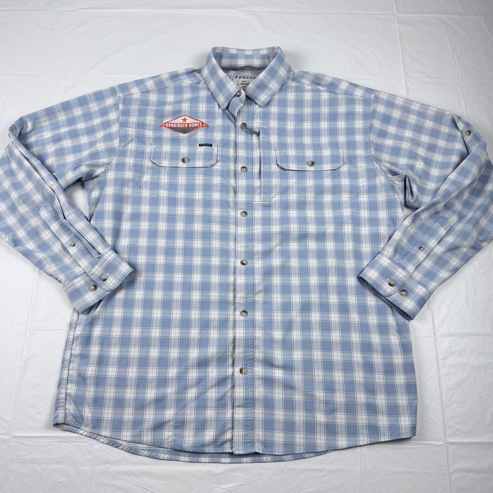 Poncho Outdoors Mens Large Blue Plaid Fishing Shirt Magnetic Pockets Vented L
